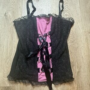 Pink & Black Satin Floral Lace Up Corset Top Y2K Burlesque Lingerie M Goth Fairy